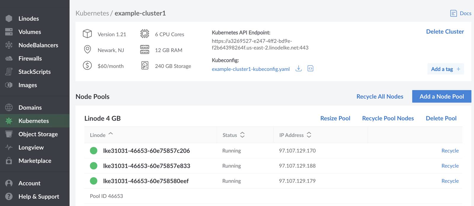 Kubernetes cluster&rsquo;s details page
