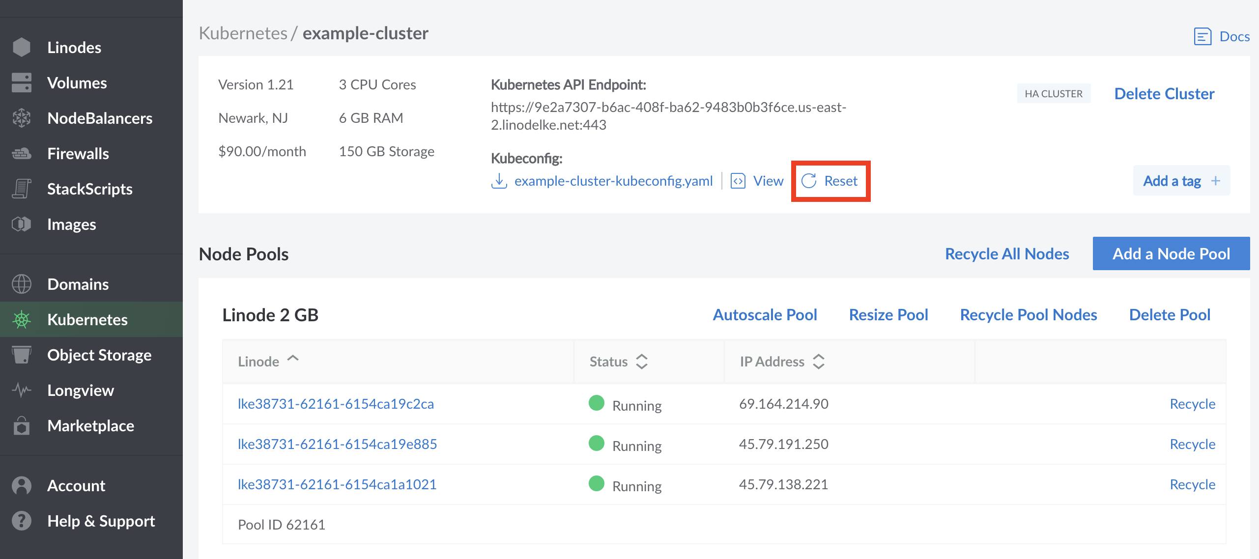 Cluster Node Reset. Cluster Kubeconfig Reset