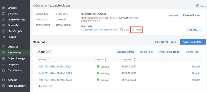 Cluster Node Reset. Cluster Kubeconfig Reset