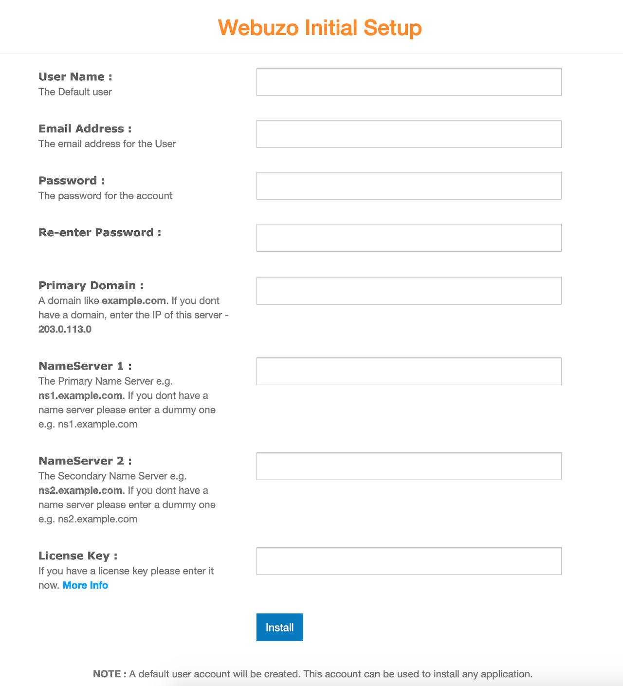 Webuzo Setup Screen