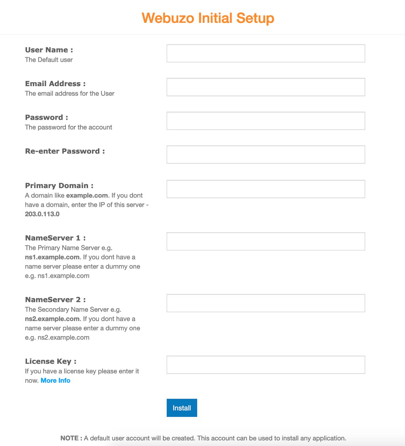 Webuzo Setup Screen