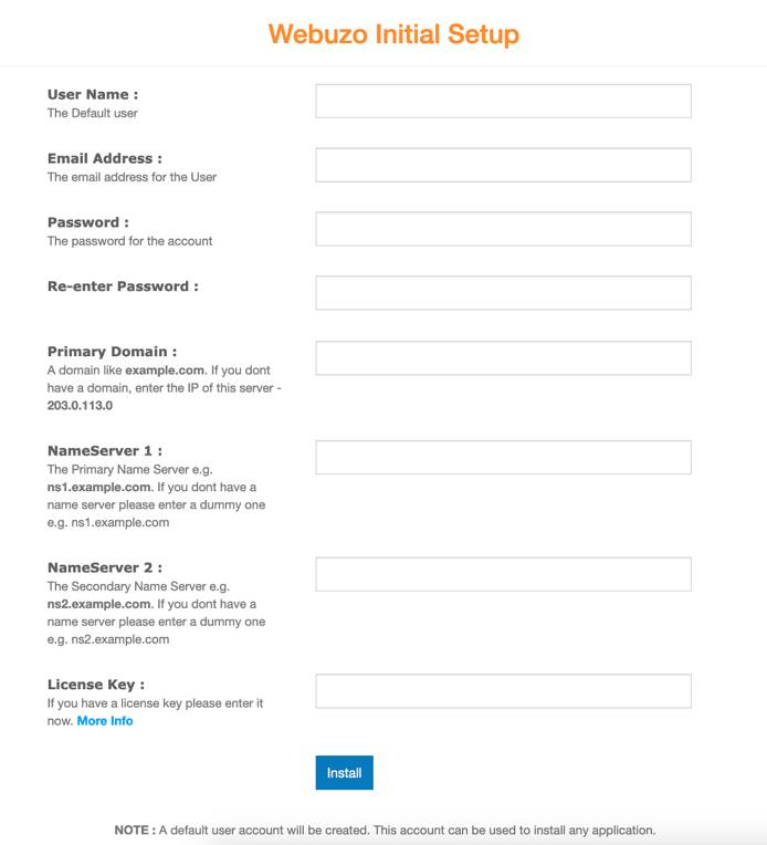 Webuzo Setup Screen